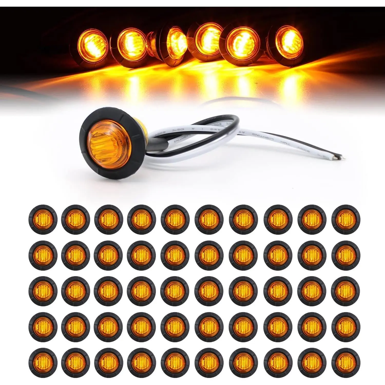 50-Pc Pack 3/4 In Amber 3 LED Marker Lights - Waterproof Rubber Grommet Seal 12V DC Mini Round Clearance Lamps, RV-Ready Lighting for Trailer Truck