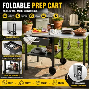 Outdoor Kitchen Cart Grill Cart Portable BBQ Prep Station Gray Foldable Outdoor Prep Table with Foldable Top Storage Space for Backyard Patio Deck Camping Party Mobile Barbecue Serving Cart with Shelves