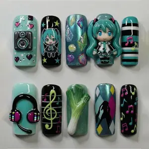 H-Hatsune-e Mikur Press On Nails | 3D Anime Chibi Nail Set | Blue Cyber Kawaii Handmade Nail Art for Beaches, Summer, Holiday, Vacation, Birthday