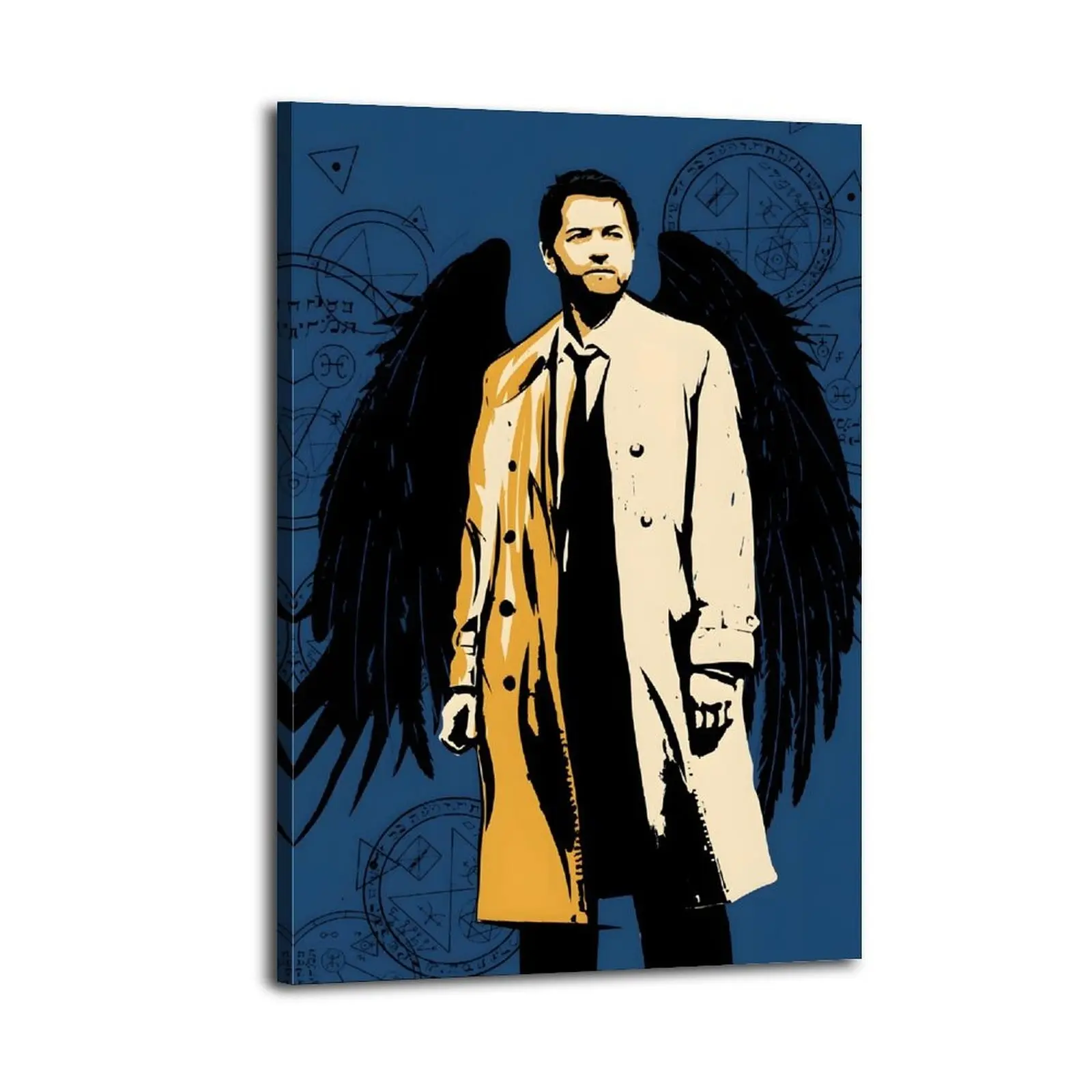 1pc Supernatural Castiel Character-Based TV Show Poster - Iconic Angel Art with White Coat, Golden Accents, Black Wings, TV Series Logo - Pine Wood Wrapped Canvas Wall Decor Home Supplies for Fans, Landscape