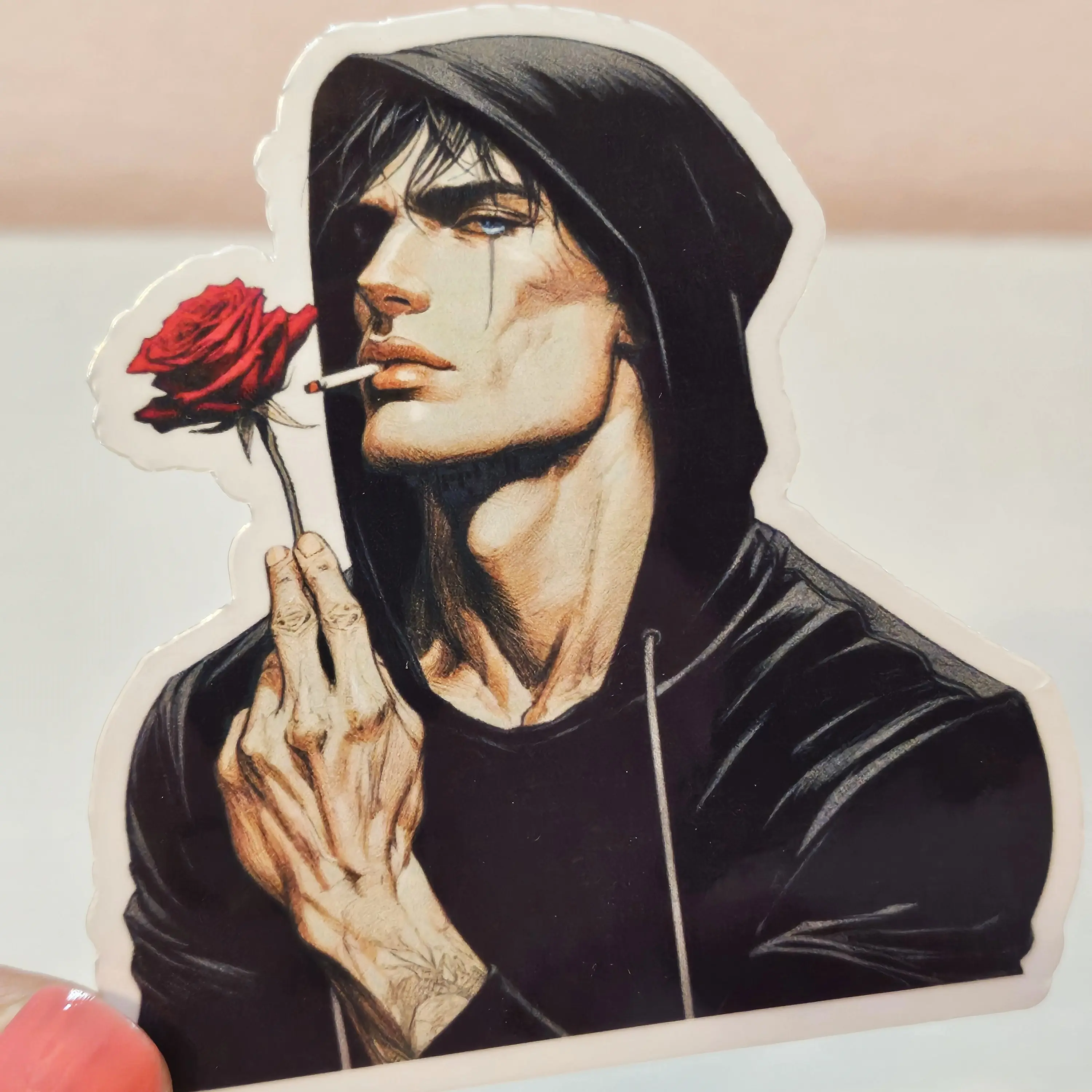 Red Rose Man Stickers - Waterproof Glitter or Glossy Stickers 2.75" Size Customizable for Kindle, Book, or Tablet