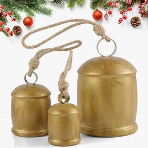 3 Pcs Harmony Cow Bells Vintage Christmas Gold Bells, Decorative Large Rustic Hanging Bell Ornaments for Christmas Mantel Garlands Table Centerpiece Set of 3 (3) Room Decor Ornament
