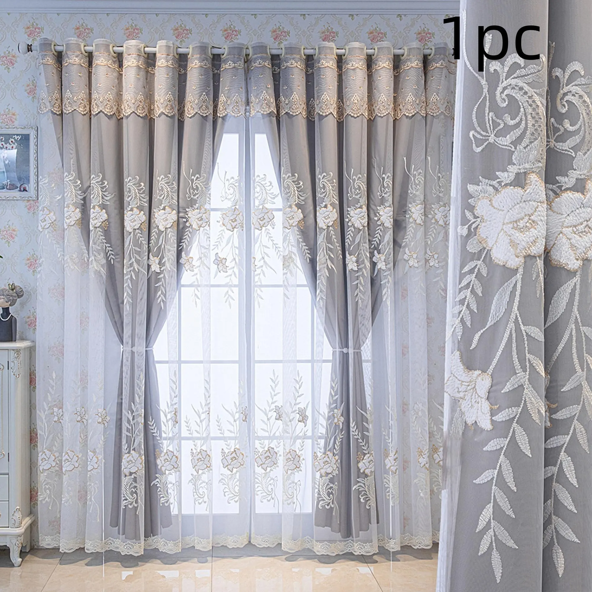 1pc Luxurious Light Blocking Bedroom Window Curtain, Embroidered Double Layer Sheer Fabric, Thermal Insulated Sun Protection, Thick and Drapey, Easy to Clean, Embroidered Curtains