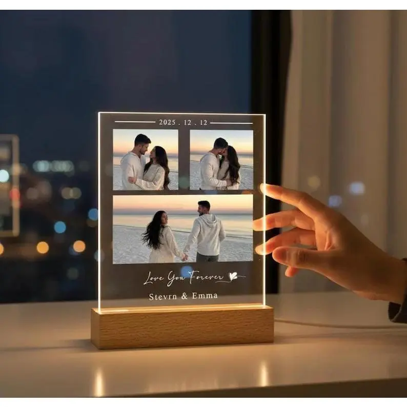 Couple's Anniversary Night Light, Customized Name And Three Photo Night Light, Bedroom Night Light, Valentine's Day Memento, Gift for Lover