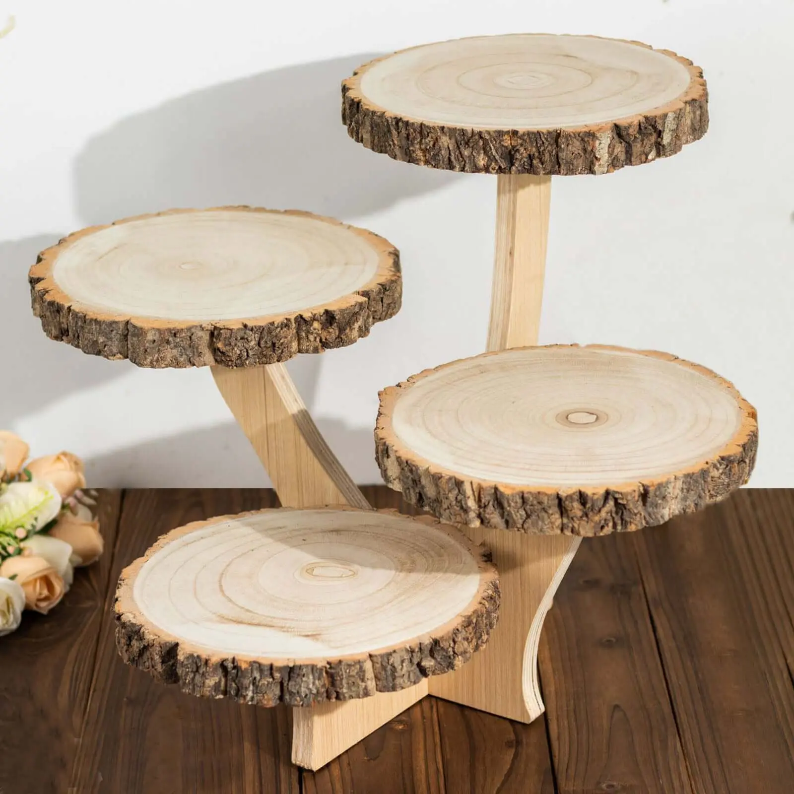 4-Tier Wooden Cupcake Stand, Farmhouse Style Slice-Wood Look Homedecor - Rustic 15" Tall Dessert Display Holder for Birthday-Themed Cupcake Stands, Dessert Table, Cake Stands For Party, Cup Cake Tower Stand