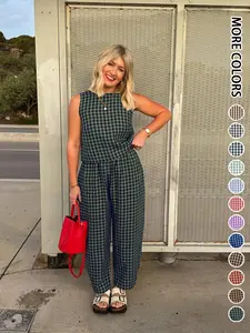 Summer New Women's 2 Piece Set Cotton Plaid Crop Top Sleeveless Loose Fit Pocket Nine-Tenths Pants, Beach Vacation Casual Daily Wear