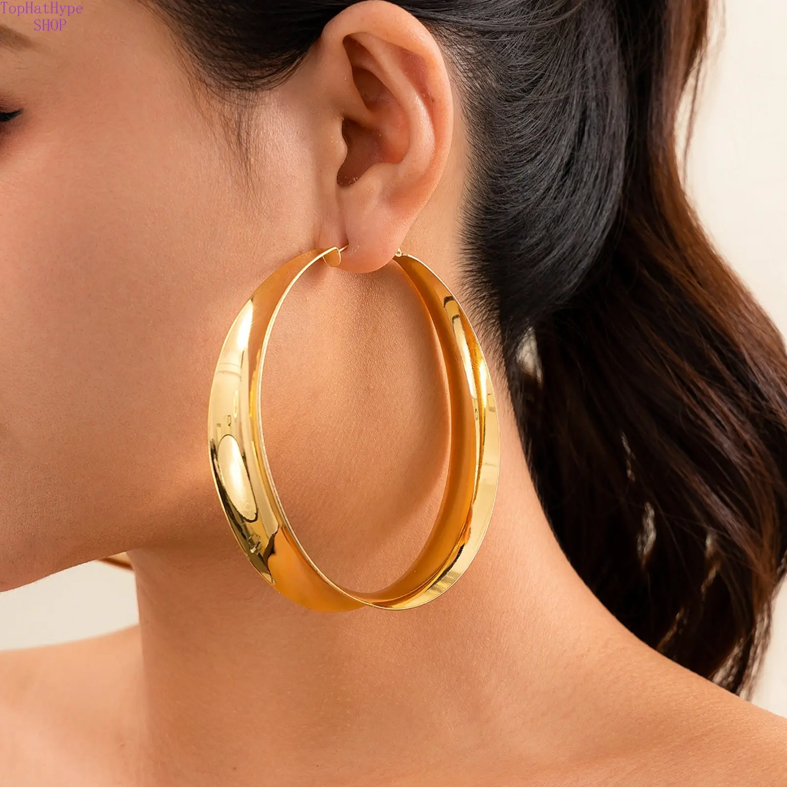 Unisex Gold Earrings - Stack-Compatible Studs for Gold Earring Stack, Chunky Statement Geometric Oversized Hollow Glossy Metal Circles, European-American Fashion Costume Jewelry Accessory, Chunky Statement Earrings
