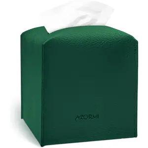 Tissue Box Cover Holder, PU Leather Tissue Box Cover Square with Bottom Belt, Cube Tissue Holder for Bathroom, Modern Organizer for Car, Office, Tabletop (Green., 14 Leather Patterns)