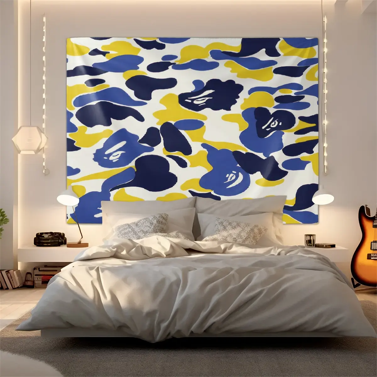 Blue Yellow Camo Pattern Ape Head Print Tapestry, Streetwear Hip Hop Tapestries, Trendy Camouflage Wall Hanging, Aesthetic Backdrop Decor for Teen Boys Bedroom Living Room Dorm Party Photo Booth