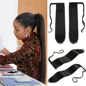 Synthetic Hairpiece Long Straight Velcro-Attached Ponytail Hair Extensions, Chemical Fiber Wig with Braid Winding Design