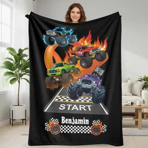 Soft Funny Throw Blanket Monster Truck Flannel Blanket with Racing Flames and Checkered Flag Print Soft Warm Durable Perfect for Bedroom Sofa Road Trip Camping Gift Giving