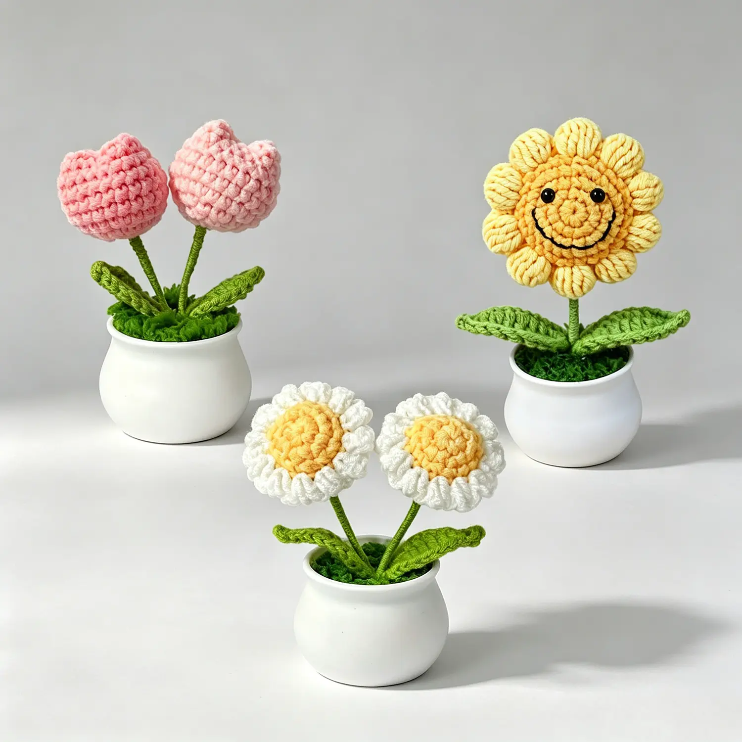 3-Pack Finished Craft Crocheted Look Modest Handmade Flowers Set - Lightweight Mini Acrylic Yarn Sunflower/Tulip/Daisy Fake Micro Bonsai with Plastic Pots (2.4in Base W, 4.1in-4.72in H), Small Size, Box Packaging Included for Desk Decor