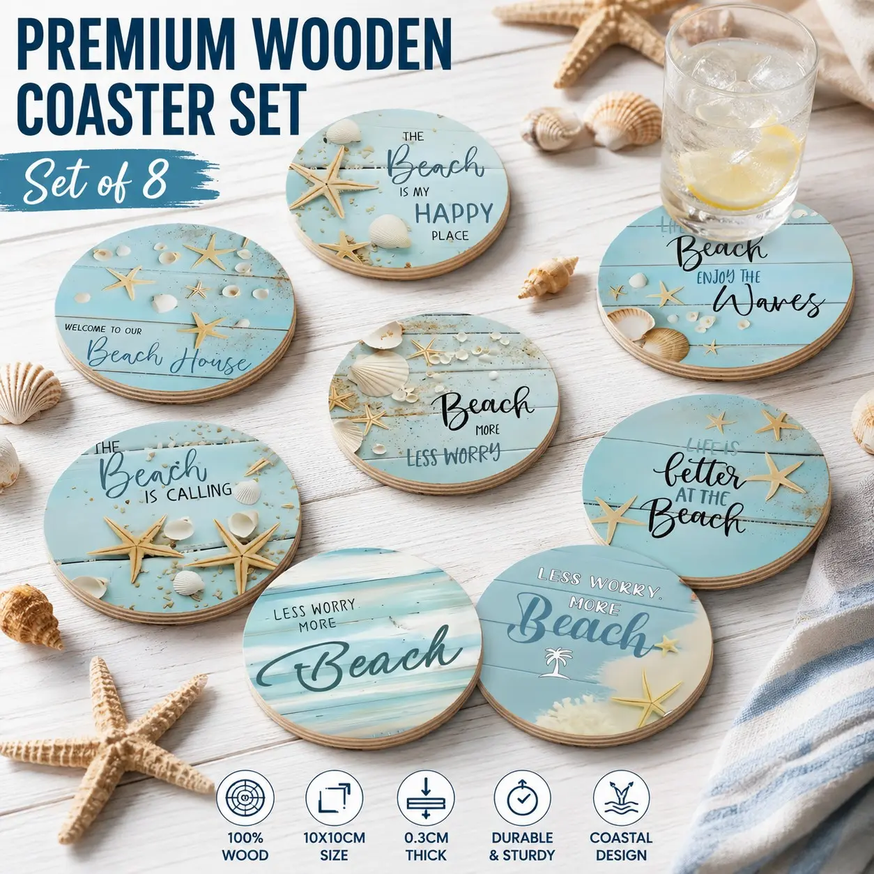 Aesthetic Seashell Wood Coasters Set of 8 – Boho Bohemian Coastal Non-Slip Heat Resistant Round Coasters For Drinks for Shelf Home Coffee Table – Viral Coastal Grandma Summer Vibes Decor – Trendy Cottage Core Beach Home Accent Gift for Women Her