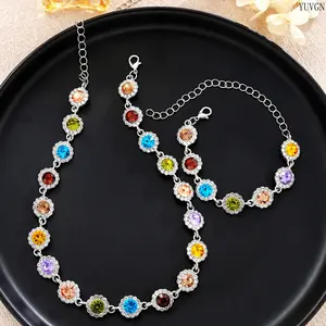 Women's 2026 Colorful Zircon High-End Jewelry Set - Necklace-Bracelet Combo, Trendy Luxury Indoor Recreation Accessory for Daily Wear