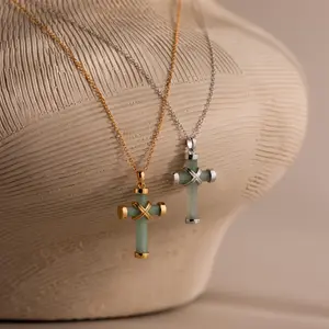 Jade Cross Necklace by Caitlyn Minimalist - Statement Green Gemstone Pendant Necklace in Gold & Silver - Jade Jewelry - Sister Gift