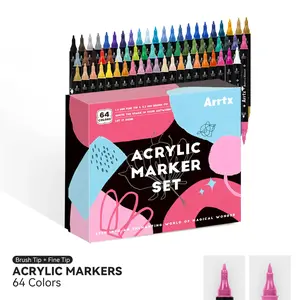 Arrtx Acrylic Painting Pens, 24/64 Color Brush Tips and Fine Tip (Dual Head) Paint Pens for Rock Painting, Water-Based Acrylic Painting Supplies for Fabric Painting, Wood, Plastic, Canvas Student Painting Supplies