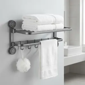 No Drill Suction Cup Towel Rack, 5s Install Twist Lock Heavy Duty Space Aluminum Double Tier Bathroom Shelf with Hooks, Renter Friendly Reusable Rustproof Wall Mounted Towel Bar for Bathroom Storage & Organization