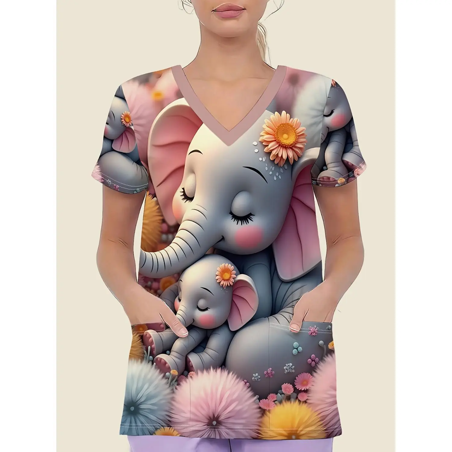 Women's V-Neck Pocket T-Shirt, Short-Sleeve Nurse Uniform Top, Adorned with a Heartwarming Elephant Family Design Among Vibrant Blossoms
