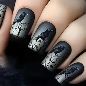Short Dark Halloween Raven Fake Nails Set, 24pcs Detachable Wearable Nail Art, Cool Tree Design, Easy Daily Party Holiday Use