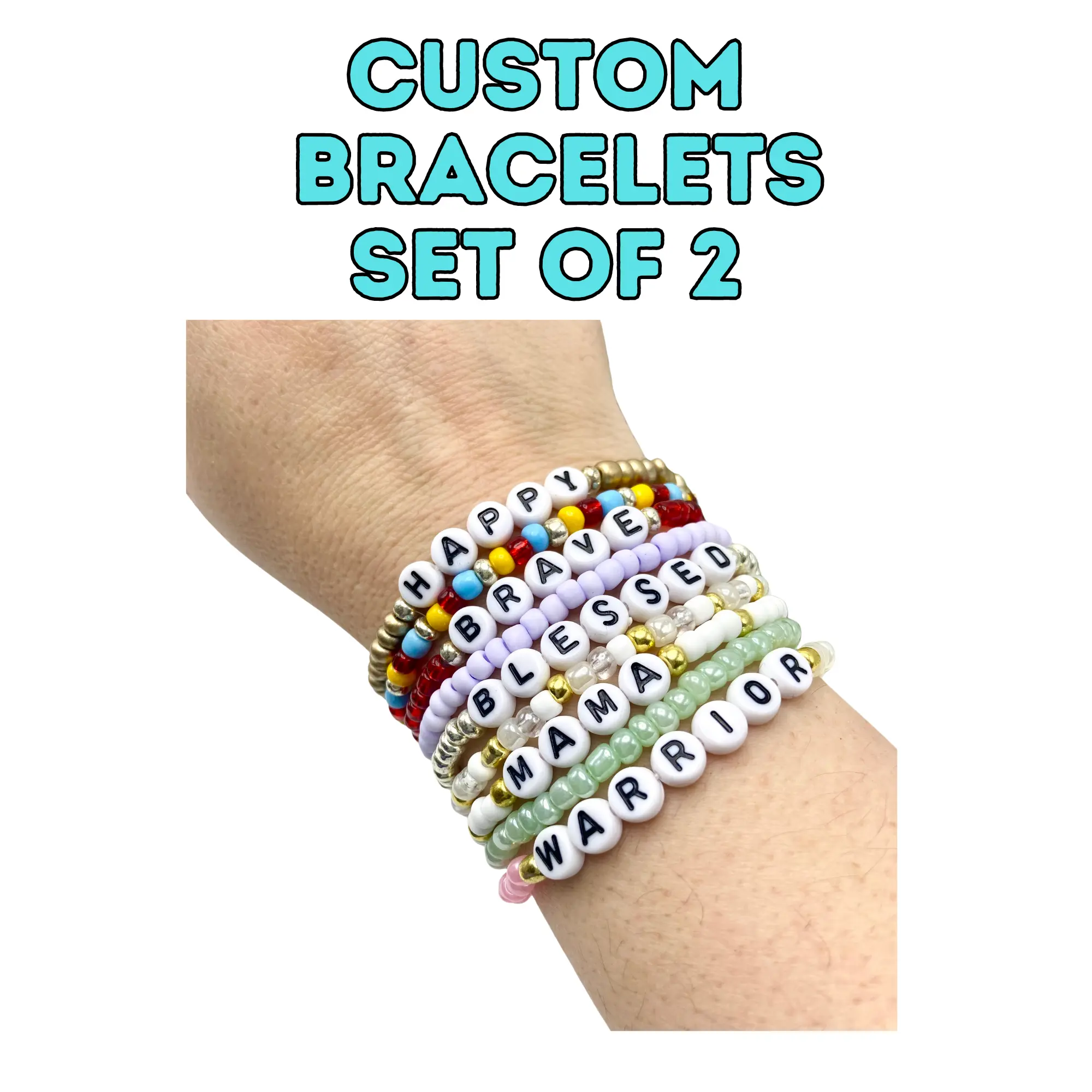 Custom Personalized Bracelets Set of 2, Name and Word Stretchy Bracelets, Friendship Bead Bracelet,