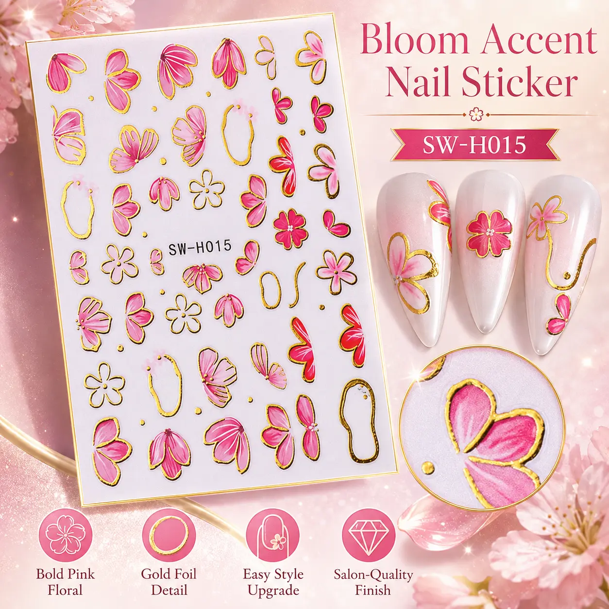 6 Styles3D Floral Nail Stickers with Gold Foil Outline, Self-Adhesive Flower Nail Art Decals for Gel, Acrylic & Press-On Nails
