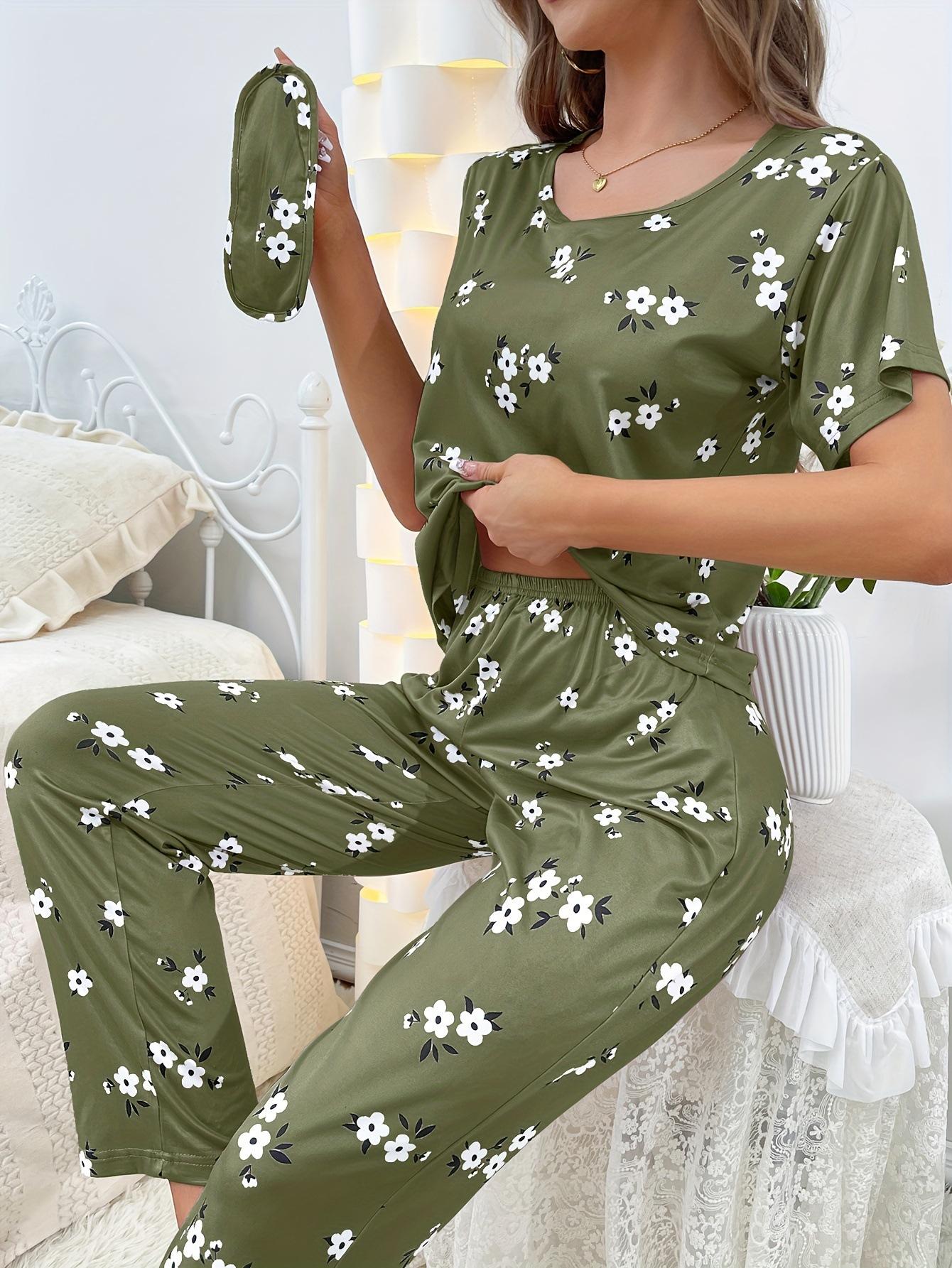 Womens Summer Sleepwear Set - Printed Round Neck Short Sleeve Top and Pants - Comfortable Home Pajama Two-Piece