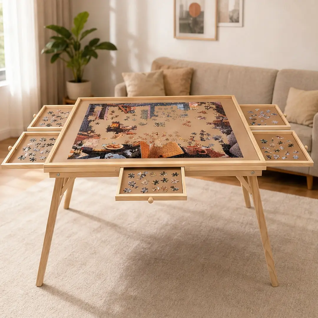 ARCH Ergonomic Sturdy Rectangular Puzzle Table with Legs - 27in Tall, 34x26in Large Folding Pine Wood Board, 5 Drawers, Natural Storage for Puzzle Enthusiasts, Game Room Indoor Gaming Furniture