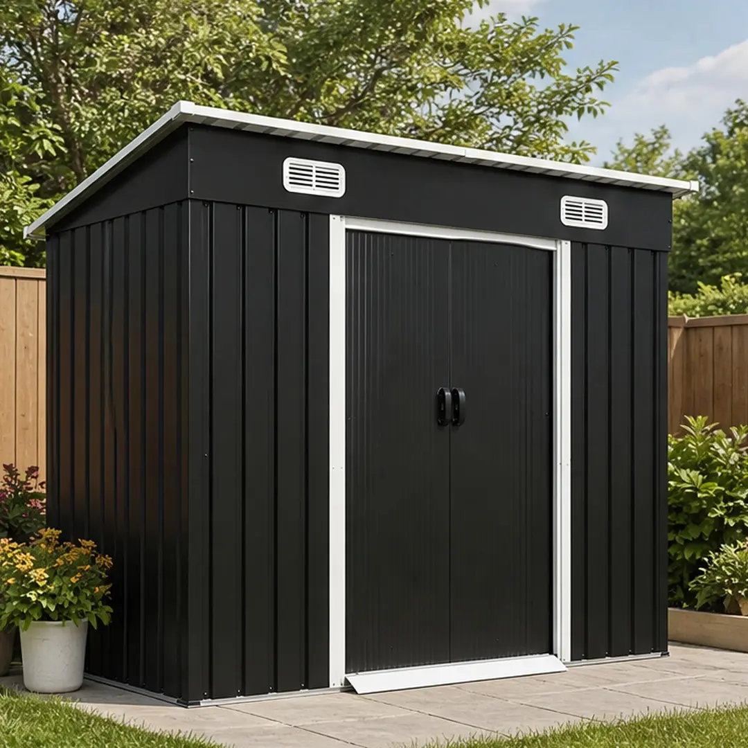 8x4ft Metal Storage Shed with Sliding Double Doors, Galvanized Steel Outdoor Garden Tool Shed with Lock Hole, Air Vents, Threshold, Weather Resistant for Backyard Patio Lawn Mower Bike Storage, Black, Black Color Options, Metal Material