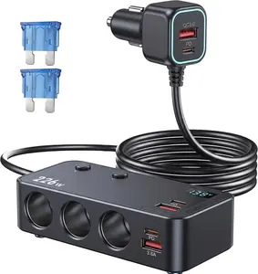 226W Cigarette Lighter Splitter 9-in-1Design,Multi-Port Car Charger Adapter with 3 Socketsand Dual PD USB-C, 4 USB Fast Charging Portsfor Multiple Devices, LED Voltage Display withIndependent Switches, Professional 12V-24vAuto Accessory