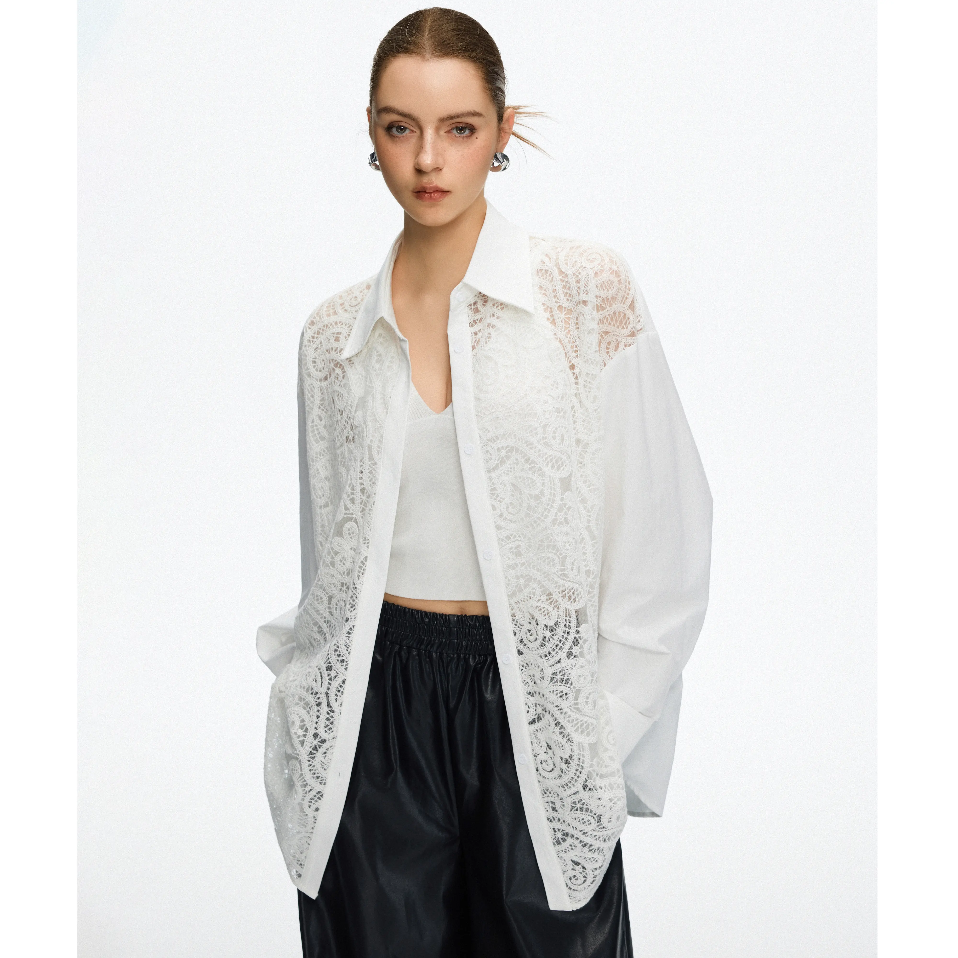 JCCC SHADOW Women's Elegant Floral Lace Crop Top, Chic Long Sleeve Button-Up Blouse for Concerts, Festivals, and Layering, Piece, Longsleeves, Flat, Lady