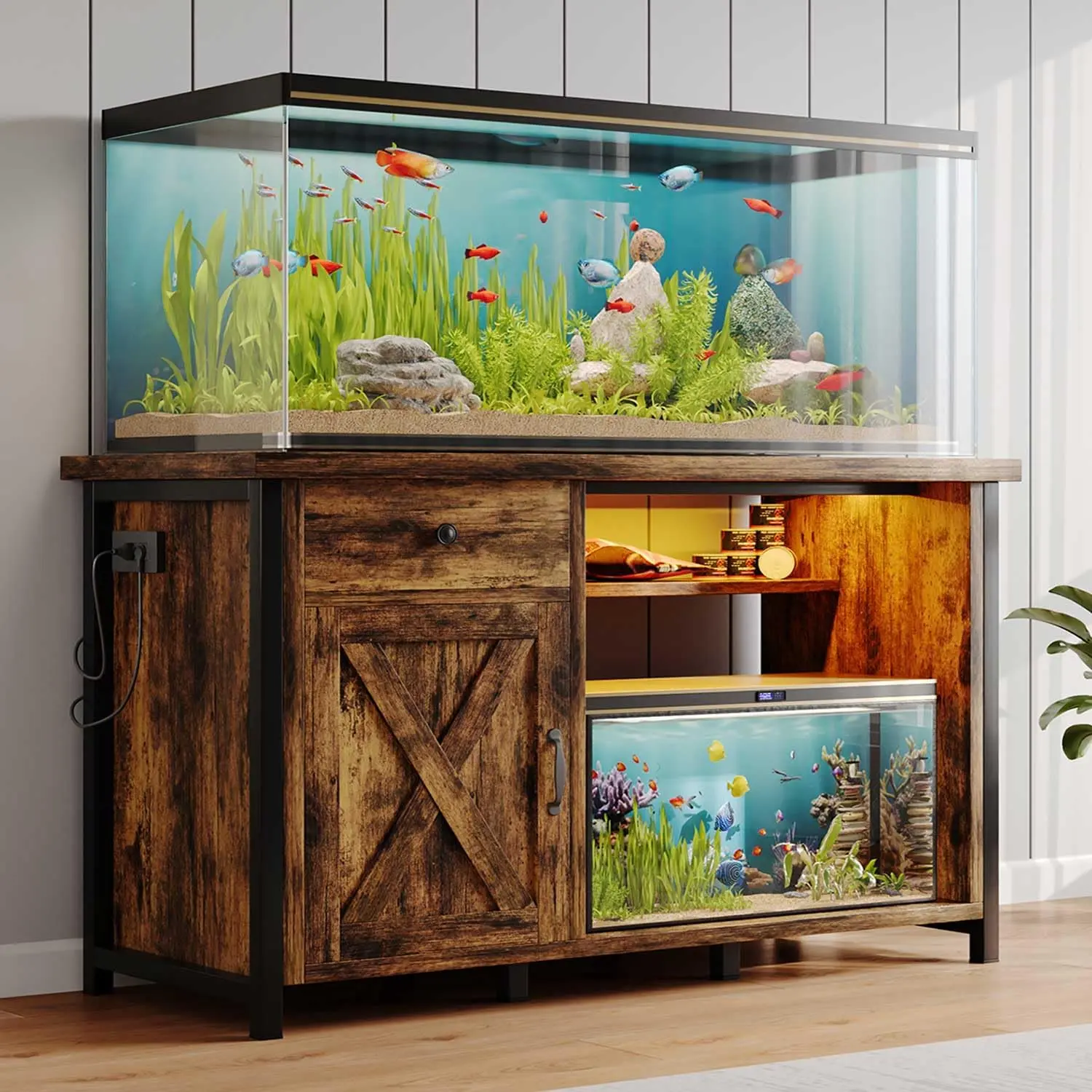 [SummerWins] HOMBCK 75 Gallon Fish Tank Stand with LED Light & Power Outlets,55-75 Gallon Aquarium Stand with 2 Drawers & 2 Barn Doors, 52" L x 20" W Cabinet for 2 Fish Tank Accessories Storage,Turtle Tank,White（Does not include the fish tank）