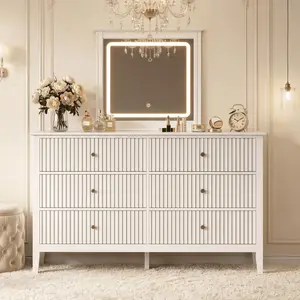 RoyalCraft L Mordern 6 Drawer Dresser, Fluted Nightstand with 3 Drawers, Wood Storage Organizer, Wide Chest of Drawers for Closet, Large Storage Cabinet and TV Stand for Living Room,Bed Room,Hallway, Entryway.