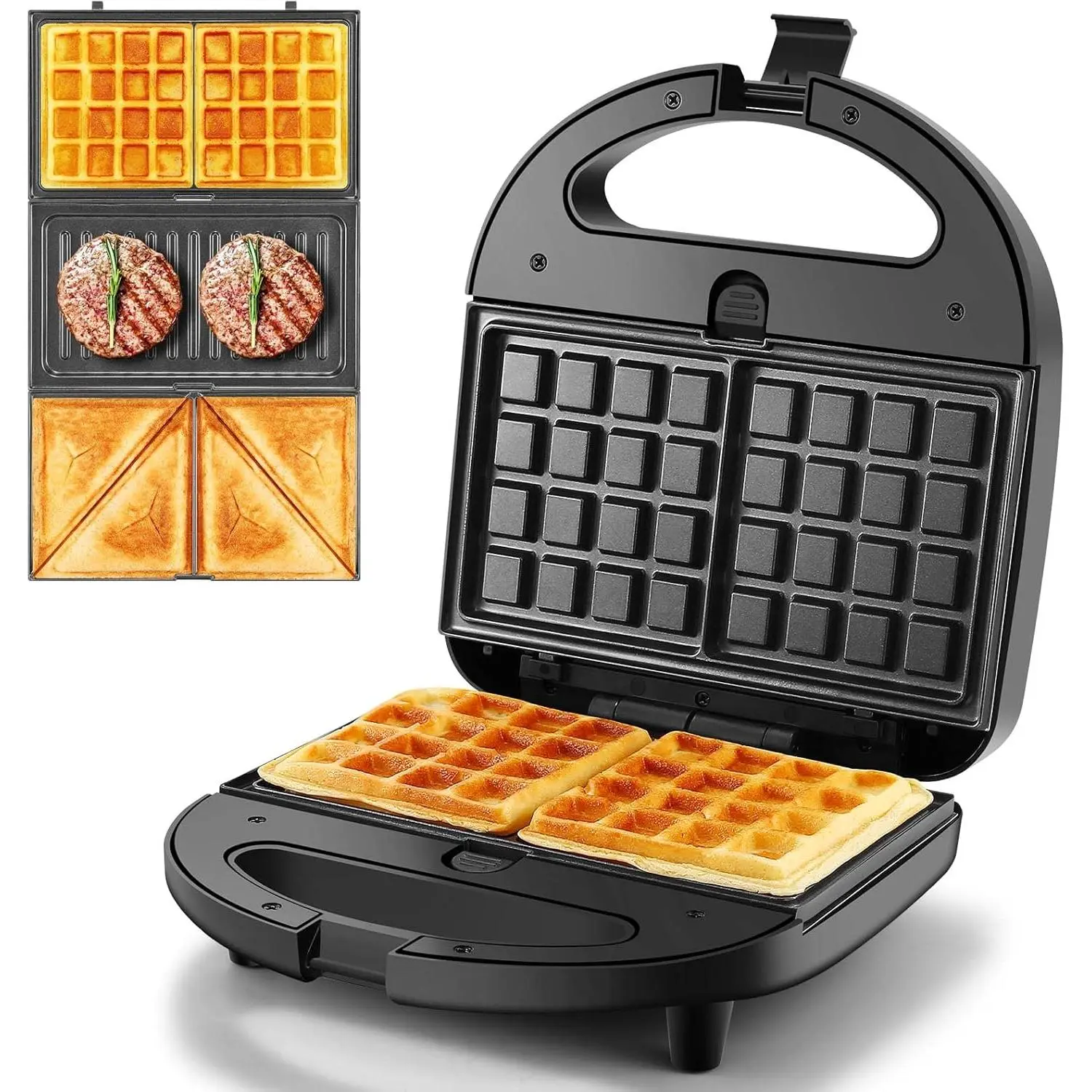 OSTBA 3-in-1 Electric Sandwich Maker, Panini Press & Waffle Iron with Wafer Maker, 3 Sets of Detachable Non-Stick Plates, 750W Kitchen Toaster, Anti-Skid Ft, 11.42"d x 10.63"w x 5.91"h, Detachable Plates Make Cleanup Simple (Black)