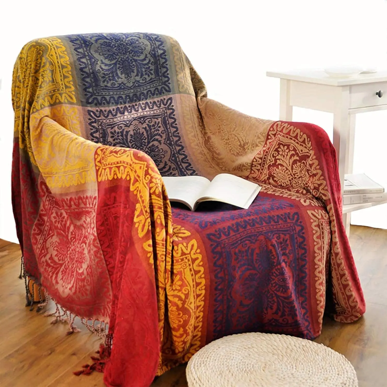 Boho Throw Blanket, Chenille Jacquard Tassels Throw Blankets for Bed Couch Soft Chair, Bohemian Fringe Tassels (Red, S:60x75