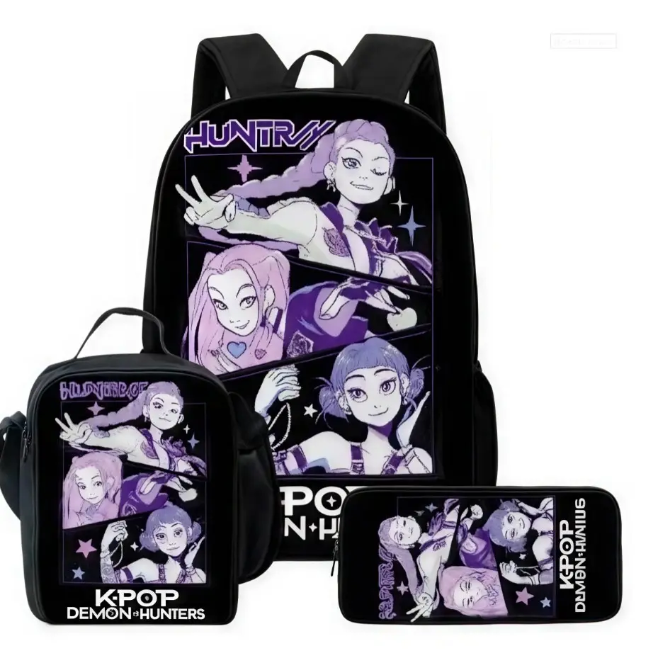 kpop-Black 3 In 1 Backpack Set Purple Comic Panel Character Print Laptop Backpack Lunch Bag Pencil Case Combo