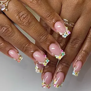 SHEDARES Gemstone Fantasy – Handmade Luxury Square White French Tip Press-On Nails with Colorful Rhinestones & Gold Star Accents – Perfect for Wedding and Dates