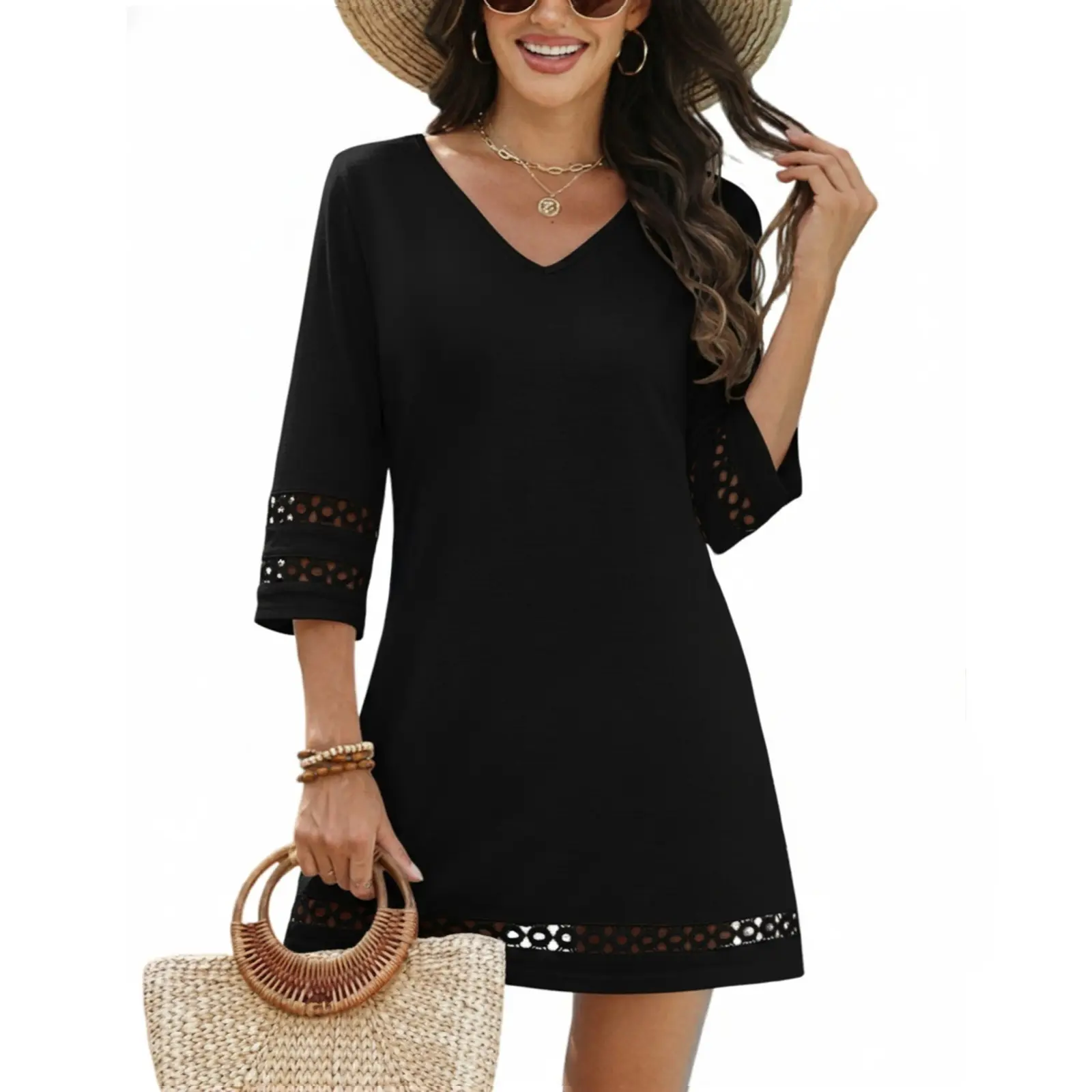 VIMPUNEC Women's Polyester Elegant V-Neck Hollow Eyelets Lace Dress, 3/4 Sleeve Relaxed Fit Basic Tunic, Breathable Casual Swimwear Cover Up for Summer Female Women's Clothes, Fabric, Machine Wash, V-Neck 3/4Sleeve