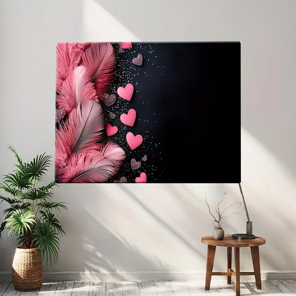 2D Flat 1 Piece Wooden Frame Canvas Painting Poster A Valentine's Day Background with Pink Feathers and Glitter Heart Poster - Artistic Layered Landscape Wall Art, Suitable for Living Room, Bedroom, Home Office Decoration, Vintage and Modern Style, O