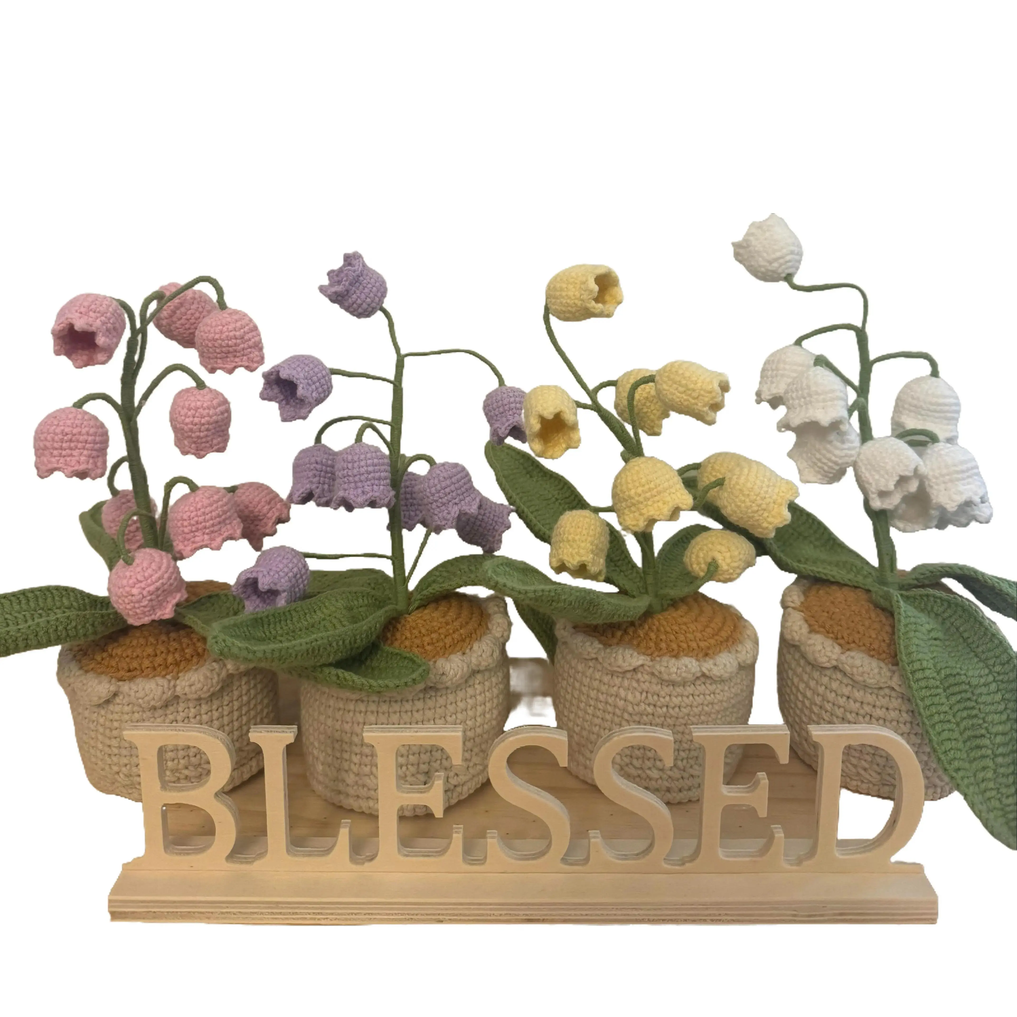 Handmade fully crochted lily O' the valley pots for home decoration, pink, purple, yellow and white colors bonsai home accent flower  bouquet