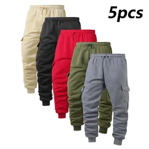 Men's solid color basic jogger pants with an elastic waistband and drawstring, side seam pockets, knee-length cargo pockets, suitable for hiking, camping, running, gym workouts, and casual wear.