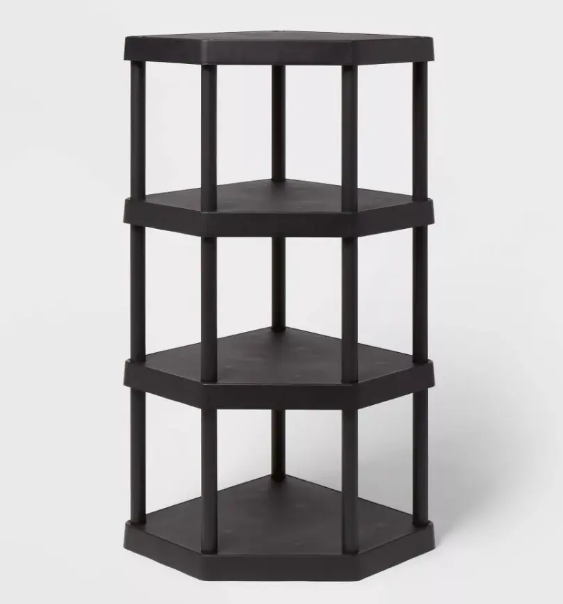 Black 4 Tier Plastic Corner Shelf Unit, Freestanding Multi-Layer Corner Storage Rack with Open Shelves, Space Saving Organizer for Bathroom