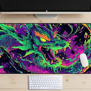 Wild Neon Dragon Desk Mat, Rad 90's Desk Pad, Vibrant Purple and Green Desk Topper, Cyberpunk Style Graffiti Mousepad, Urban Pop Art, Gaming