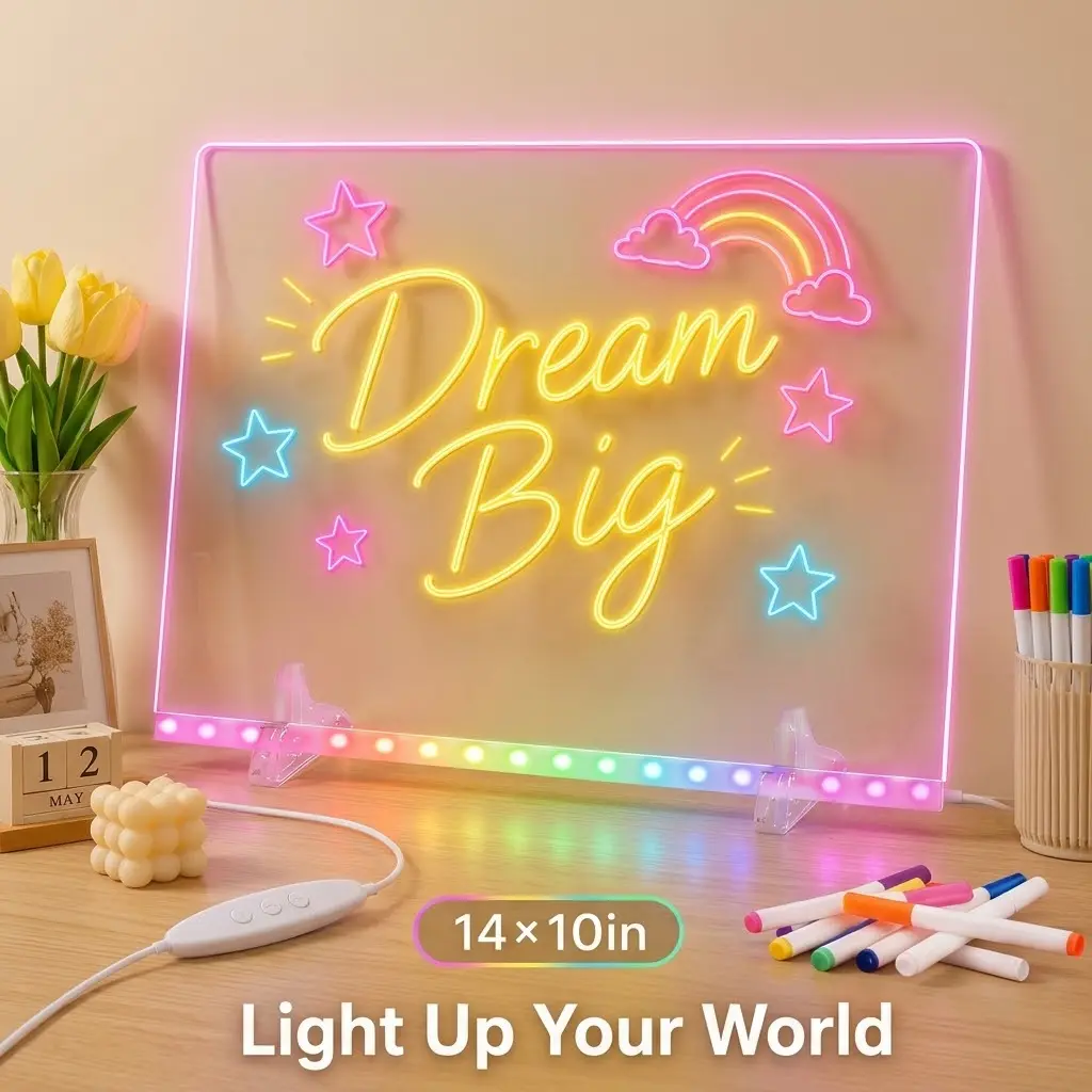 Kids LED Glow Drawing Board – 8 Light Modes, 2 Sizes (14x10in & 11.8x7.8in), Dry Erase Art Supply for Creative Play & Family Fun