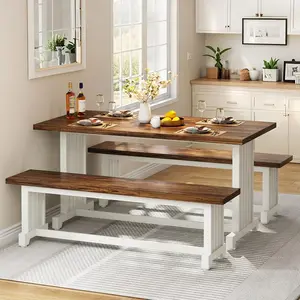 Tribesigns 47" 3-Piece Dining Table Set With Benches, Farmhouse Wood for Small Spaces, White & Rustic Brown