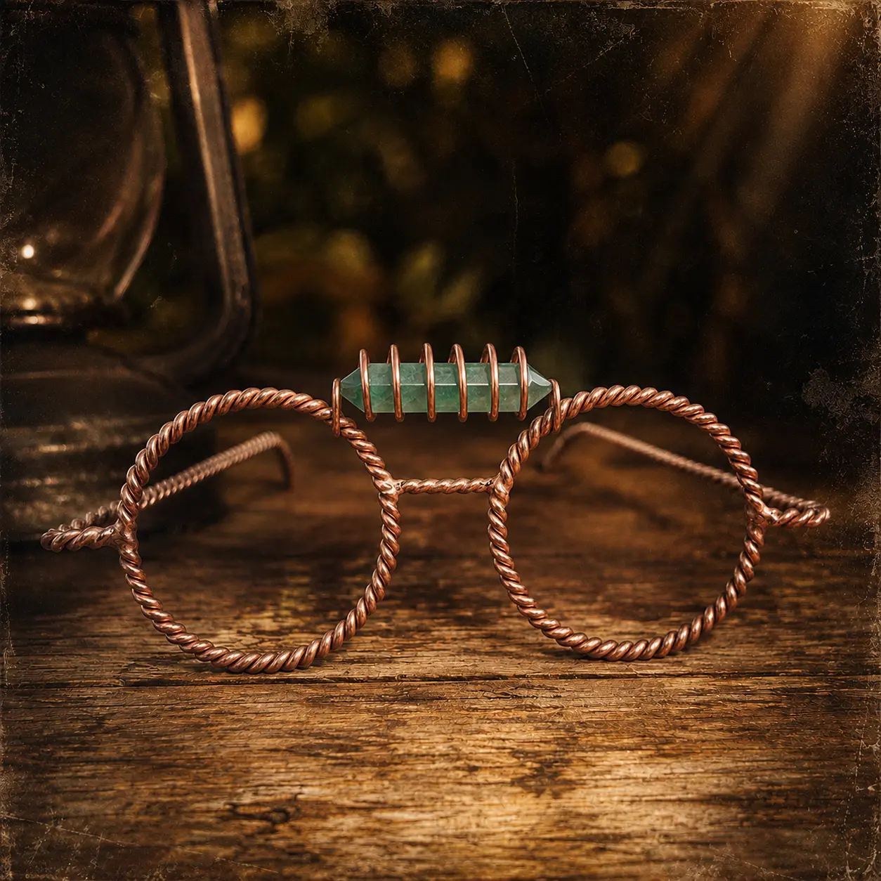Green Crystal Copper Wire Glasses, Handcrafted Twisted Frame, Boho Artisan Gift for Her