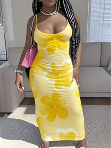 Plus Size Floral Print Spaghetti Strap Midi Dress Casual Deep V-Neck Ruched Slim Fit Dress, Y2K Clothes Summer Daily Wear, Trendy Feminine Dresses, Comfortable Bodycon Fit Casual Ensembles, Stylish Pattern Detail Party Casual Wear, Casual Fitted Dress