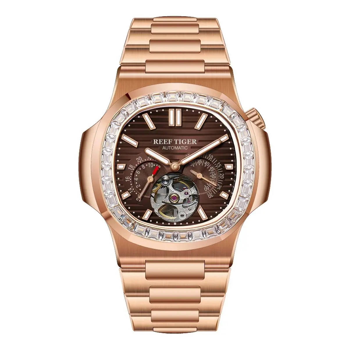 REEF TIGER RT Men's Stylish Automatic Mechanical Watch with Square Diamonds 24-Hour Display Tourbillon Luminous Hands Sapphire Crystal