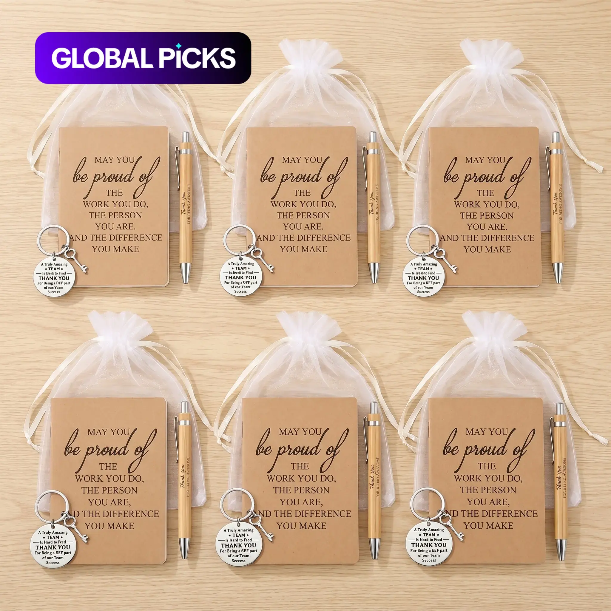 6-Set Inspirational Motivational Positive Gift Set with Keychains, Keyrings and Bamboo Retractable Pens, Ideal for Employees and Volunteers, Volunteer Appreciation Gift, Thanksgiving and Christmas Gifts #GLOBAL PICKS