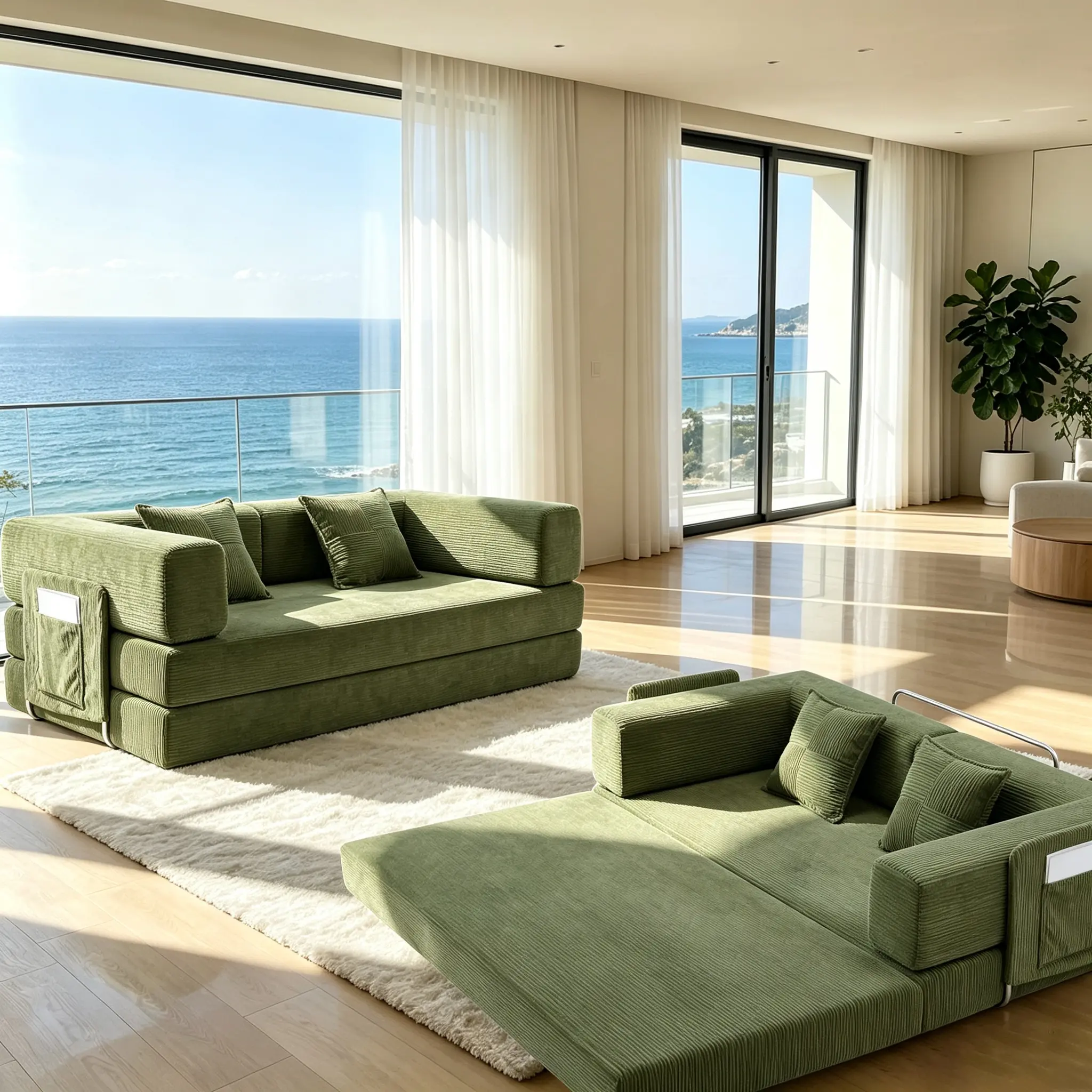 79-inch sofa bed, olive green vertical striped chenille fabric, compressed modular combination sofa, ultra-large deep-seated sofa, vacuum-packed and rolled for shipping, suitable for high-floor ocean views, large living rooms, and apartments