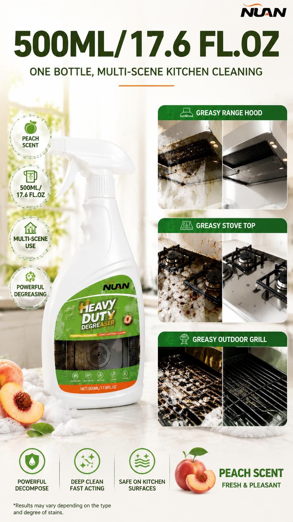NUAN Heavy Duty Spray Type Kitchen Cleaner - 500ml (17.6 fl oz) Single Bottle Household Degreaser, Indoor Use for Grill, Stovetops, Range Hood Grease Removal